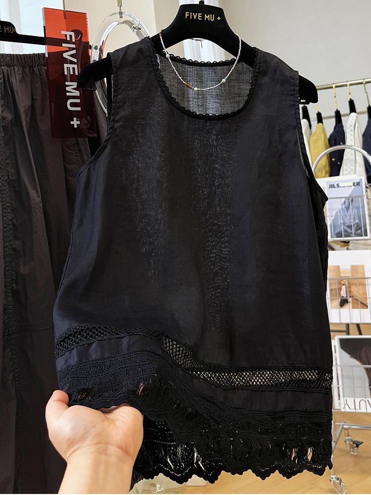Lace Trim Ramie Cotton Round Neck Sleeveless Cardigan 