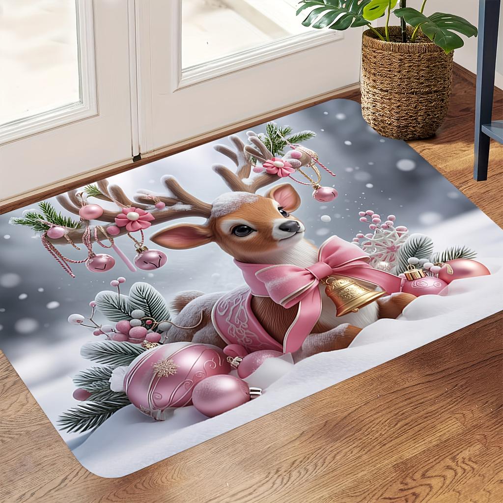 Christmas Pink Moose Cartoon Entryway Floor Mat Christmas Cute Decorative Carpet Holiday Atmosphere Decoration