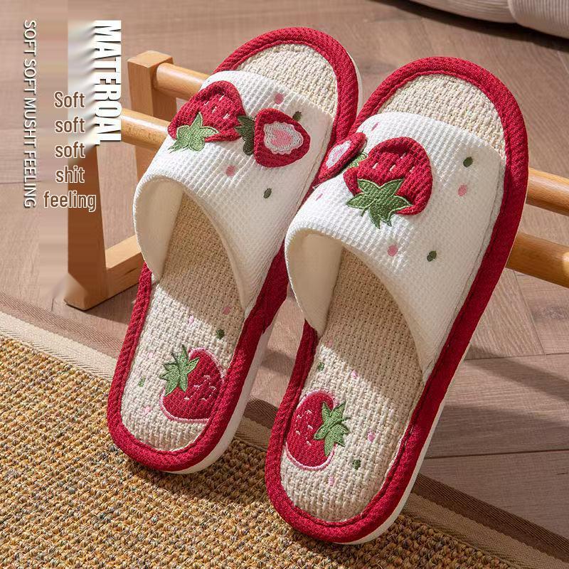 Women's Breathable Strawberry Linen Slippers - Non-slip, Sweat-absorbent, Soft Sole, Silent for All Seasons