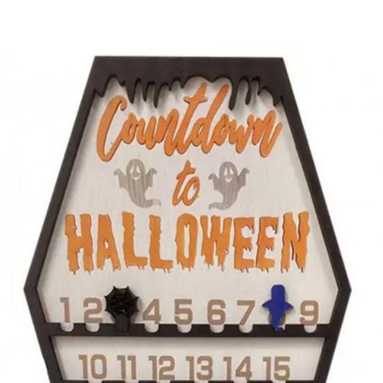 Halloween Countdown Calendar Wooden Coffins Shape Countdown Plaque Ornaments with Pumpkins Ghosts Bats Haunted House Party Decoration