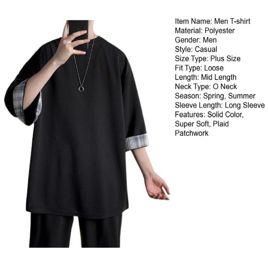 Men T-shirt Plaid Patchwork O-Neck 3/4 Sleeve Solid Color Streetwear Spring Summer Loose Tee Top Men Clothes