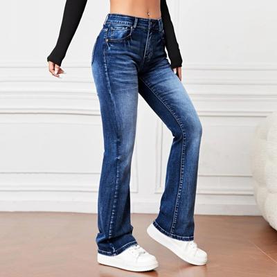 Jeans a vita alta con orlo svasato, chiusura con cerniera e bottone, colore sfumato, vestibilità ampia, multicolore