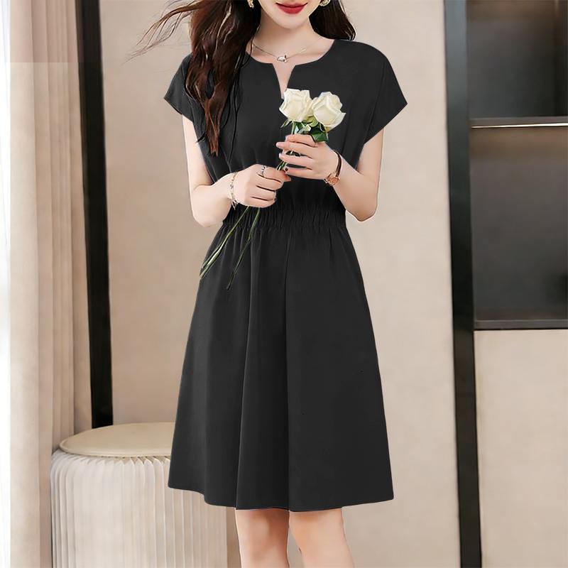 ZANZEA נשים קז'ואל צווארון V בצבע אחיד שמלת שרוול קצר