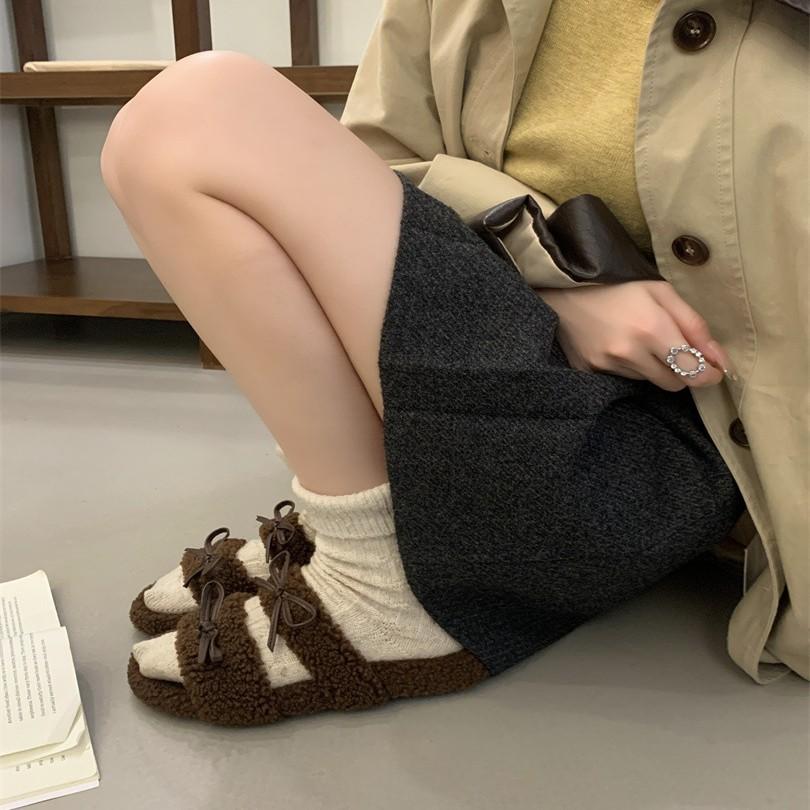 Small inner height increase fluffy shoes for women outside wear 2025 new autumn and winter Mary Jane bow velvet beanie cotton shoes