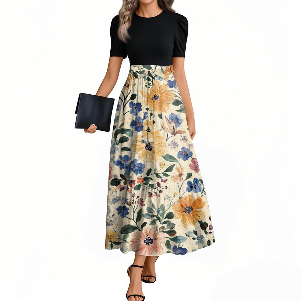 Women's Floral Print High Waist Fashionable And Elegant Dress