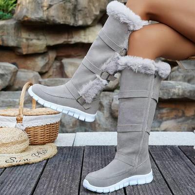Soft-soled Non-knee Cotton Shoes Winter New Round Toe Metal Belt Buckle Plush Thickened Non-slip Flat Boots