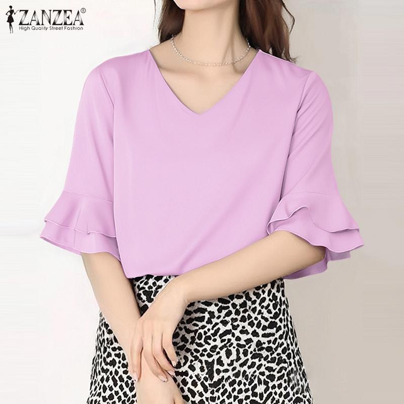 ZANZEA Womens Casual V-Neck Solid Color Loose Half Sleeve Blouse