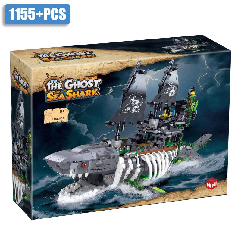 Creatieve MOC 1155 stuks Haaienskelet Piratenschip Micro Bouwstenen Set Spookpiraat Boot Model Kit Bakstenen Speelgoed