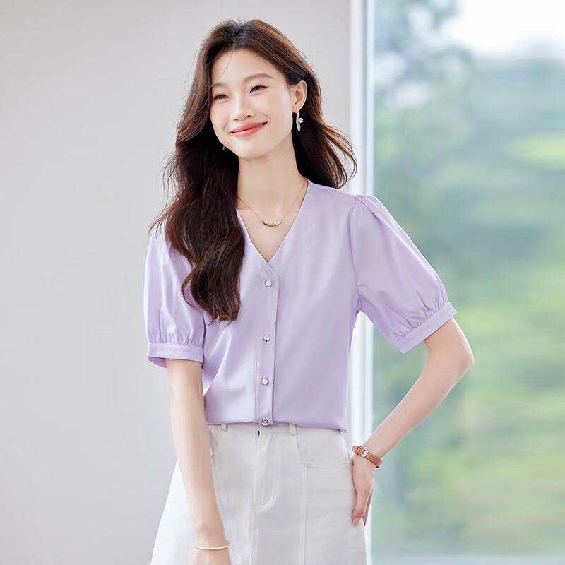 Tenuoman Women's Summer V-Neck Short Sleeve Chiffon Blouse