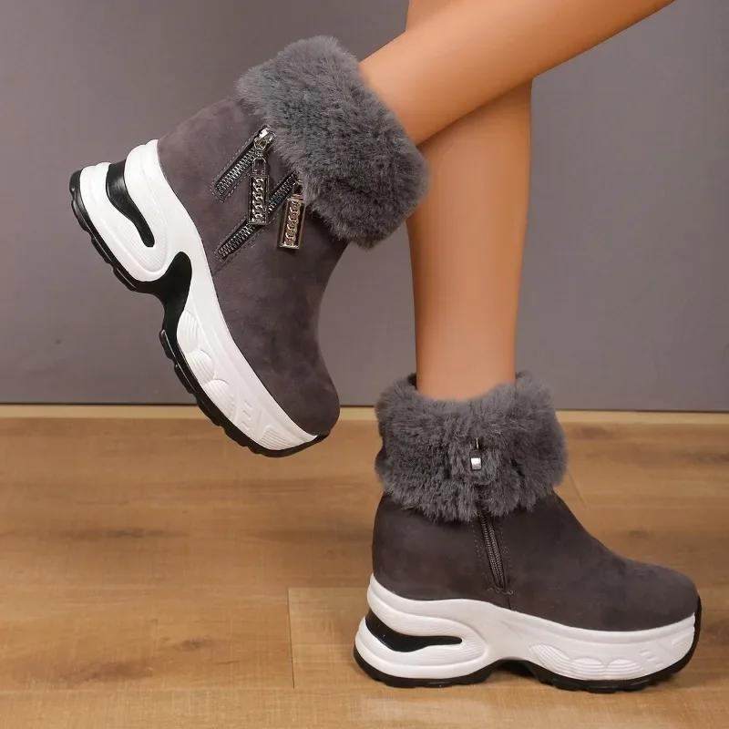 Fashion Shoes Female 2024 New Side Zip Women's Boots Winter Round Toe Plush Fleece for Warmth Short Barrel Platform Wedge Snow Boots