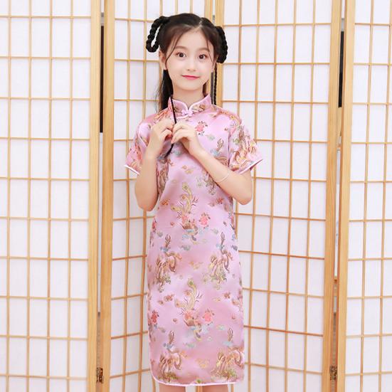 Abito da bambino Modello squisito Colletto alla coreana Colore vivido Stile retrò Super morbido poliestere decorativo Abito da bambina con stampa Phoenix Cheongsam per club
