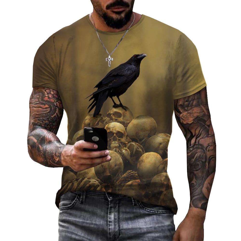 Sommer Retro Krähen Grafik T-Shirts Für Herren Mode Lässig Hip Hop Böhmisch Persönlichkeit Bedruckt Rundhals Streetwear T-Shirts Tops