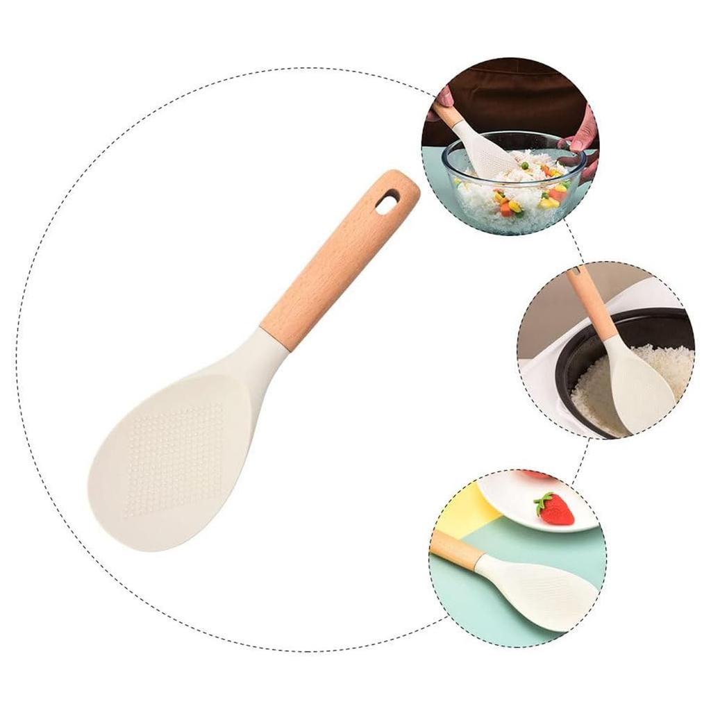 Silicone Rice Scoop With Wooden Handle, Non-stick Rice Cooker Spatula, Suitable For Serving Rice, Cooking Sushi, And Serving Other Foods.