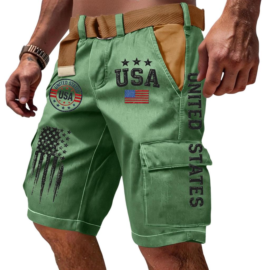 Pantaloncini Cargo Casual da Uomo Multi Tasche con Ricamo e Stampa Bandiera Tessuto Leggero Resistente Adatti per Attività all'Aperto
