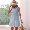 Summer Shirt Skirt Fashion Short Skirt Pleated Lapel Sleeveless Blue Dress
