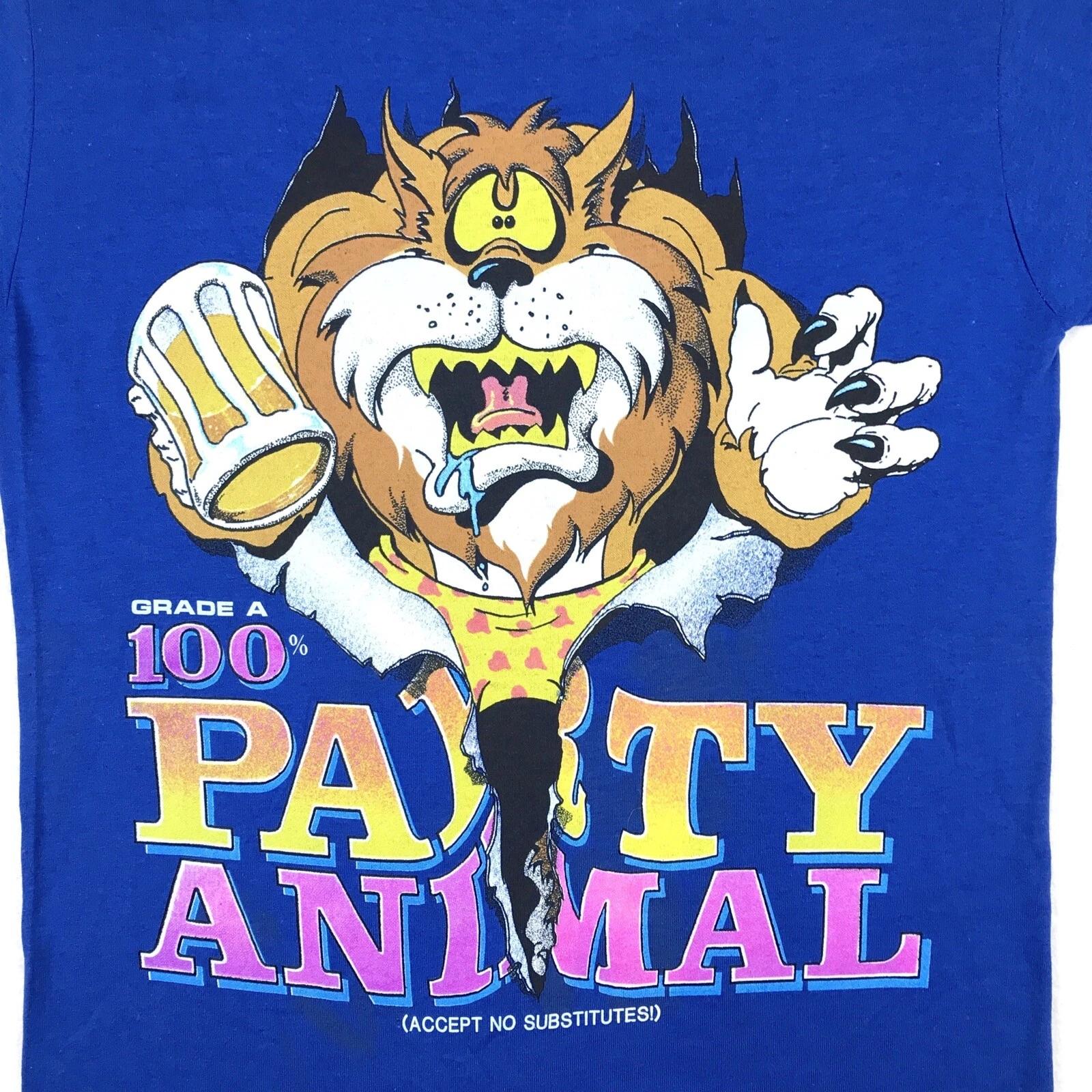 vtg 80s 100% PARTY ANIMAL NO SUBSTITUTES CARTOON T-Shirt XS beer single stitch S