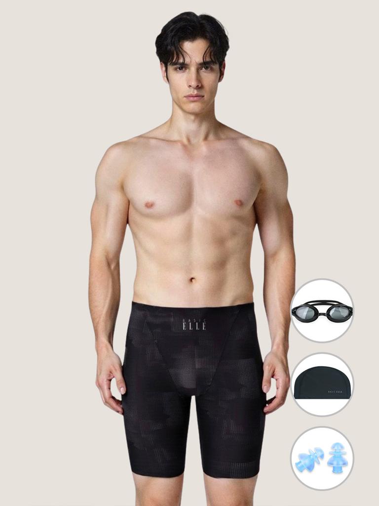 Beijigelleu Men'S Black Knee-Length Square Pattern Indoor Swimsuit 4-Piece Set Bez-Z401K
