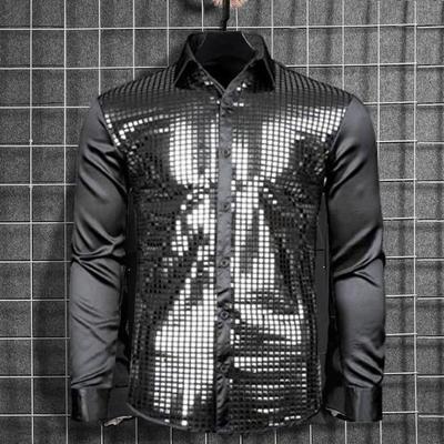 Men Shirt Club Dance Shirt Shiny Sequin Lapel Single-breasted Slim Fit Colorful Stripe Glossy Long Sleeve Performance Men Top