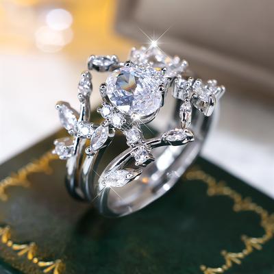 Anelli con foglie di zirconi bianchi alla moda impostati per le donne Ragazze Anello nuziale color argento lucido Regali di compleanno per gioielli femminili