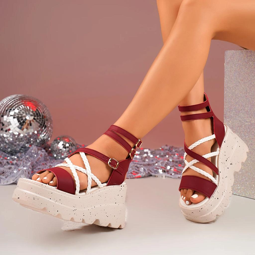 Summer 2025 New European and American Strappy Wedge Heel Sandals, Thick-soled Waterproof Platform High-heeled Sandals