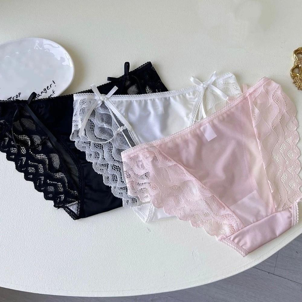 Bow Satin Silk Briefs Transparent Lace Mesh Briefs Thin Women Underwear Gifts