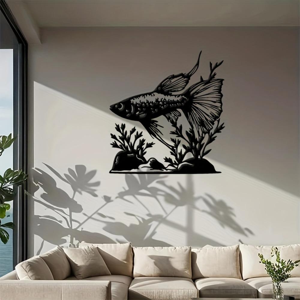 

Metal Fish Wall Sculpture Black Iron Guppy Outdoor Garden Decor Weatherproof Easy Mounting Home Art Aquarium Gift S-30cm/12inch
