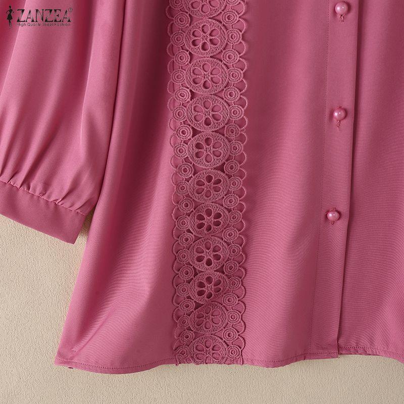 ZANZEA Women Casual Turn Down Collar 3/4 Sleeve Lace Splice Blouse