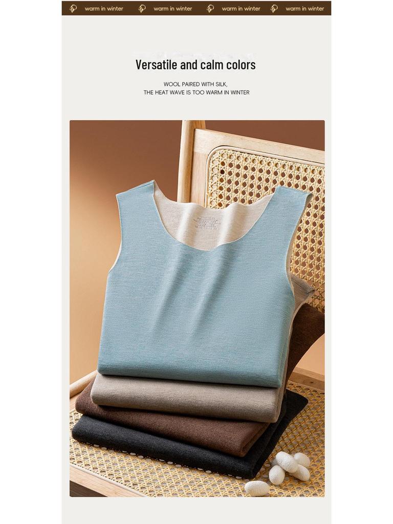 Męska bezszwowa kamizelka termiczna z jedwabiu i wełny - Pogrubiony aksamit, bez rękawów, do noszenia jesienią/zimą