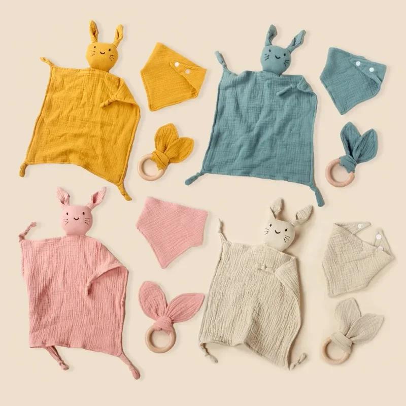 Wucifang Bags Unisex Kids 3Pcs Collection Cotton Muslin Infant Bib Stuffed Rabbit Doll Newborn Appease Towel Security Blanket Infant Sleeping Cuddling Towel Teether