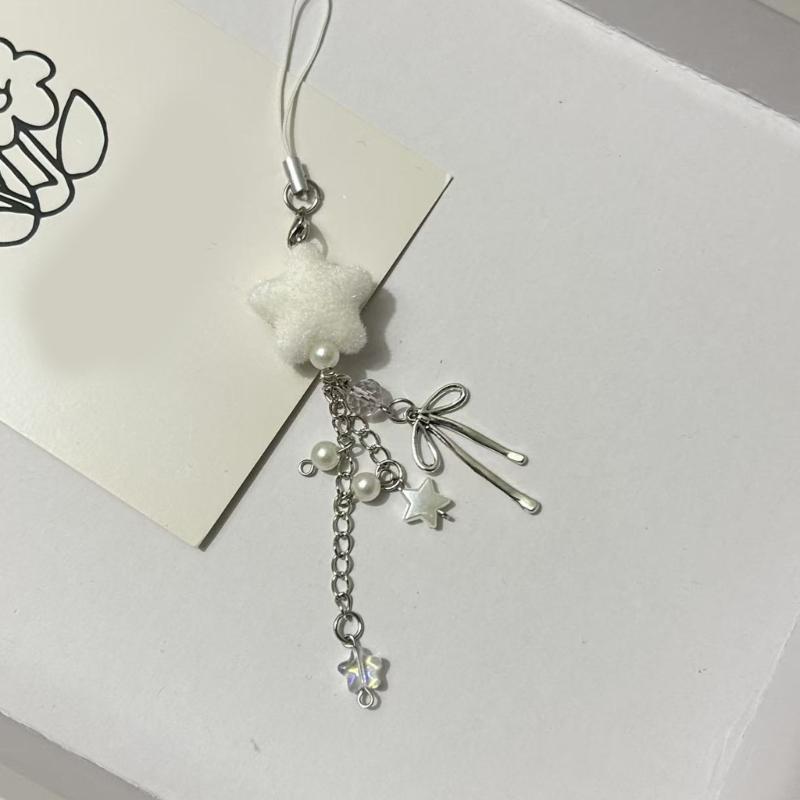 Plastic Flocking Bowknot Phone Strap Adjustable Beaded Charm Elegant Phone Lanyard Suitable Most Mobile Phones