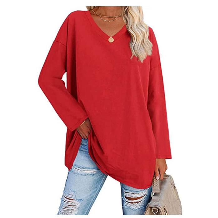 Super Large Multi-color Loose V-neck Women's T-shirt with Drop Shoulder Sleeves