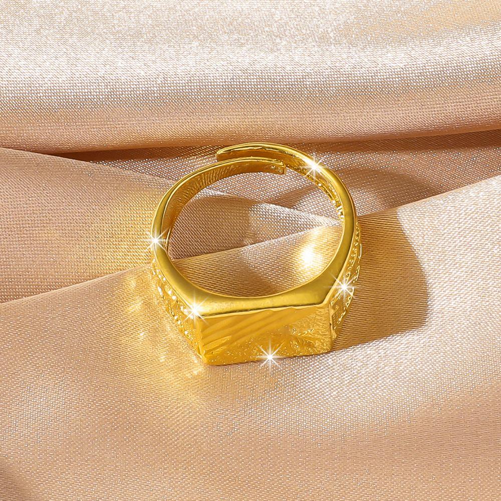 Japanese-Korean Simple Square Carved Flower Gold-Plated Copper Ring for Men - Wedding Celebration Jewelry