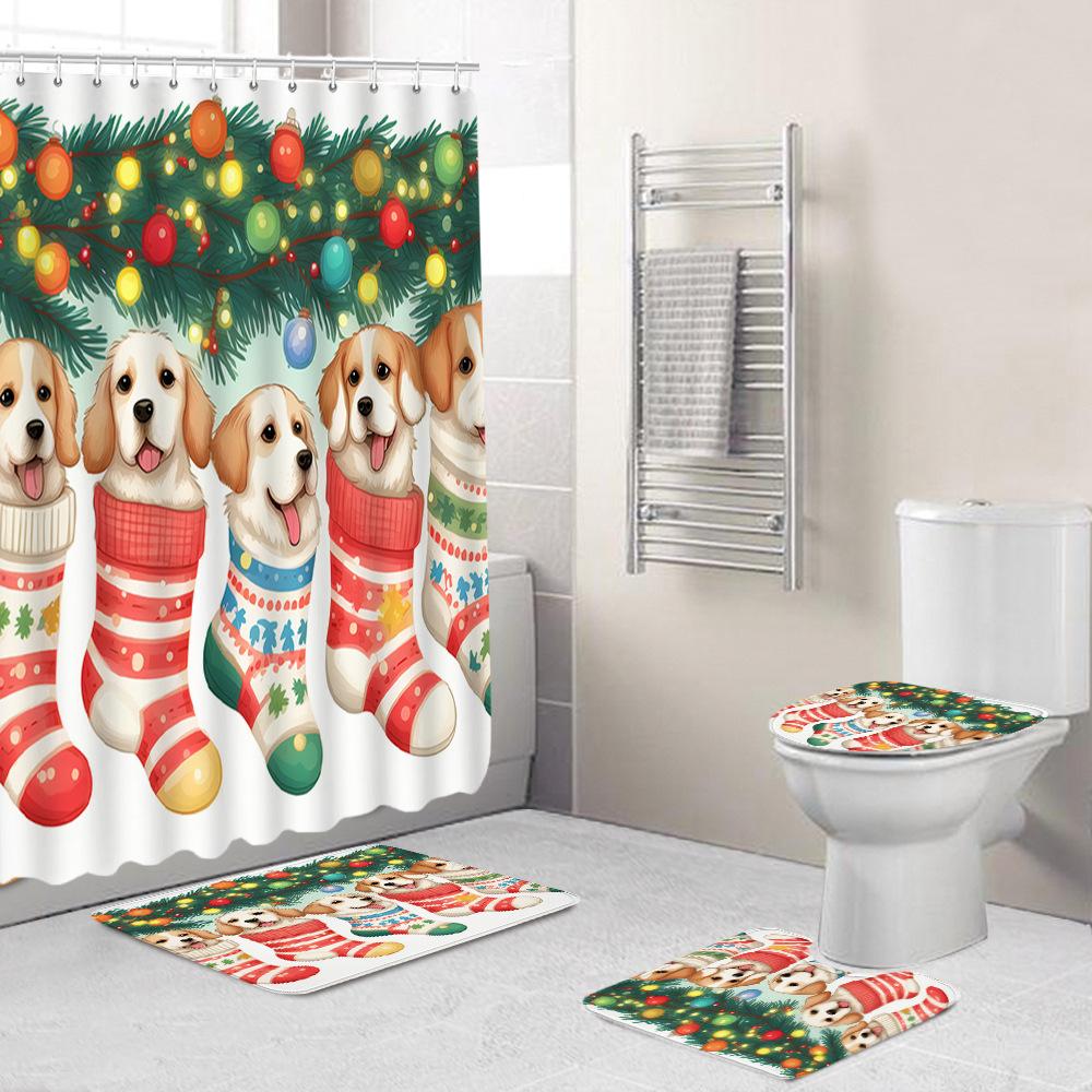 Christmas Toilet Cover Shower Curtain Floor Mat Set Santa Carpet Door Mat Foot Mat Non-Slip Mat
