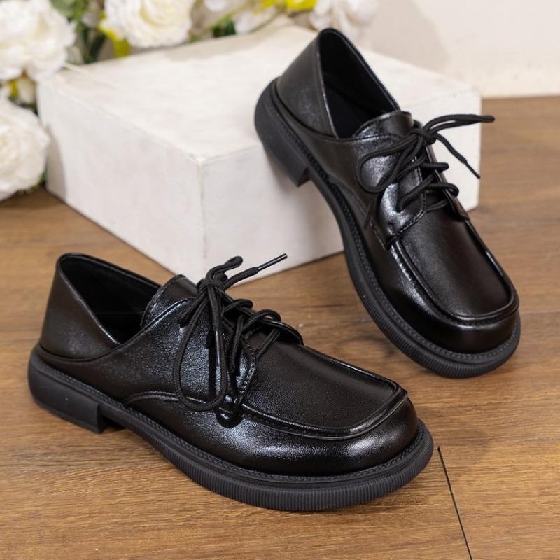 Fashion Large Size Loafers Female Black Single Shoes Female Summer 2025 New Lace-up British Style Small Leather Shoes