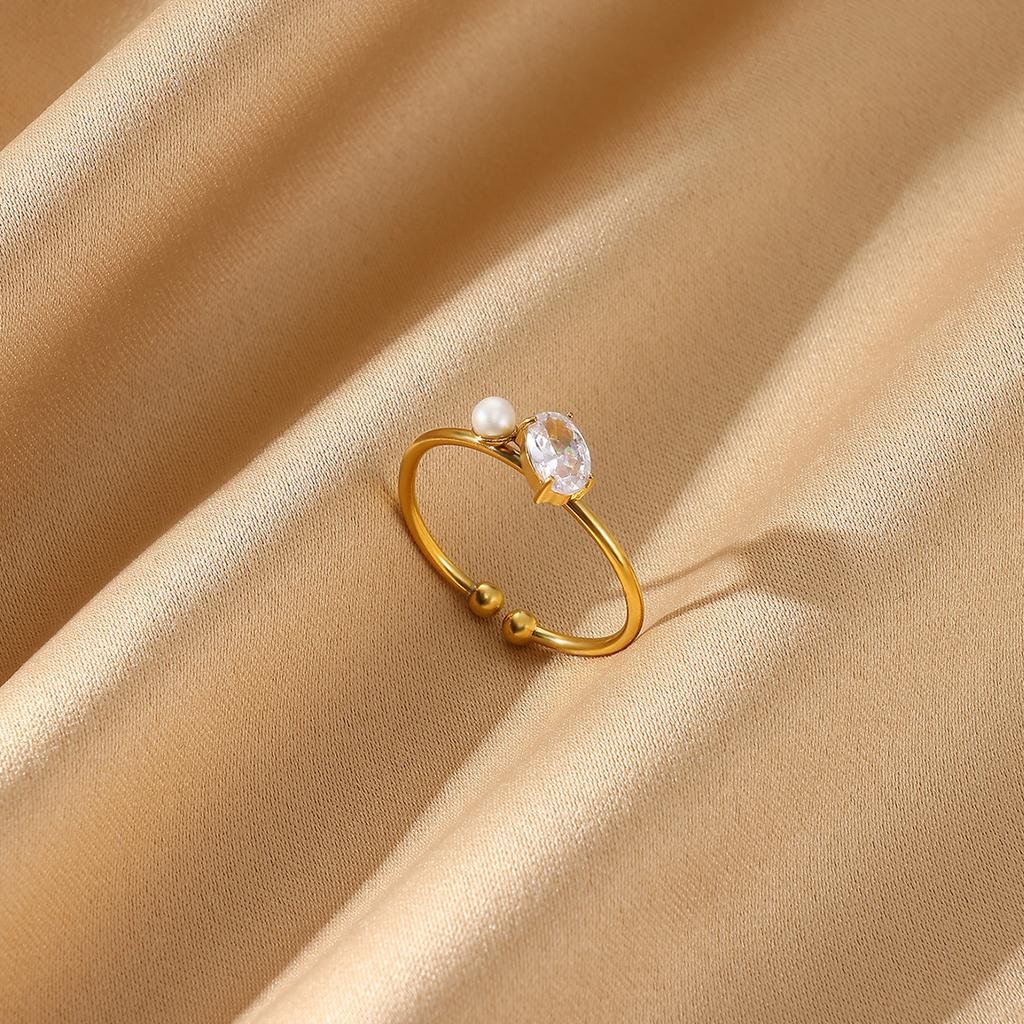 Mini Gold Color Opening Rings Cute Women Zirconia Imitation Pearl Anillos Flower Stainless Steel Ring Romantic Proposal Jewelry