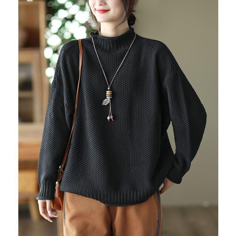 Maglione Lavorato a Maglia Autunno Inverno da Donna Taglie Forti Stile Coreano Top Ampi Mezzo Collo Alto Maglia Base Ampia Pullover