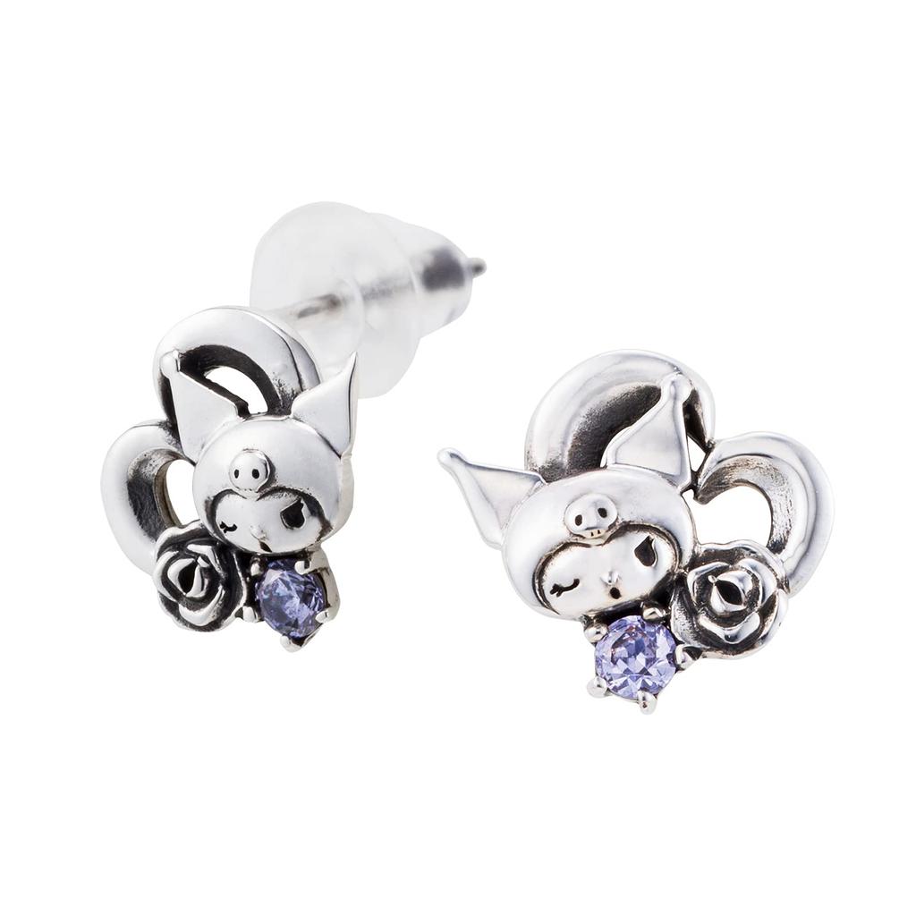 White Clover Kuromi Silver 925 with Cubic Smoked Heart and Flower Sanrio Earrings, Zirconia, Design, Characters, SAKU-P005