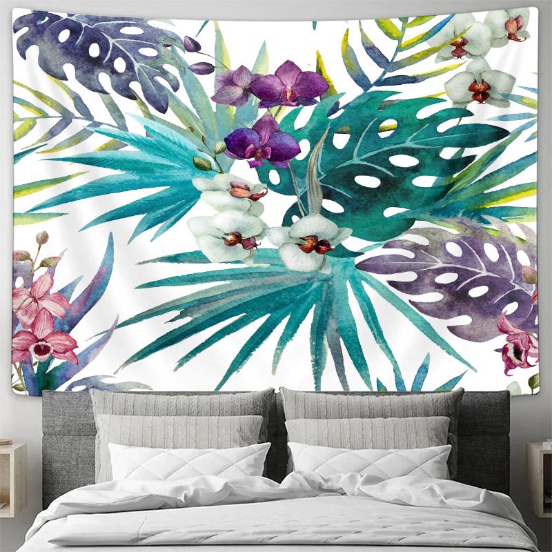 Tropical Leaves Orchid Flower Wall Tapestry Machine Washable All Season Decor Art Print Boho Nature Design Home Nontoxicmaterial