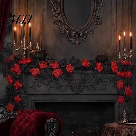 Flexible Rattan Garland Artificial Maple Leaf Garland, Autumn Faux Vine, Black & Red Fall Long Table Centerpiece Leaves Hanging Vine for
