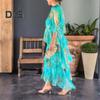 Women Dress Multi-layered Hem Lace-up Slim Waist Colorful Printing Maxi Dress Mid Sleeve V Neck Vacation Party Dress