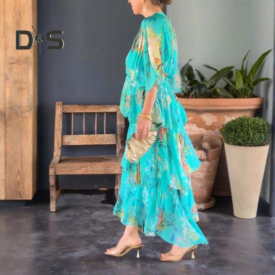 Women Dress Multi-layered Hem Lace-up Slim Waist Colorful Printing Maxi Dress Mid Sleeve V Neck Vacation Party Dress