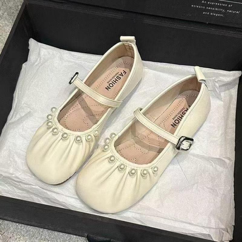 French Pearl Mary Jane Shoes Girl 2025 Spring New Fairy Evening Wind Large Size Soft Sole Ballet Grandma Single Shoes