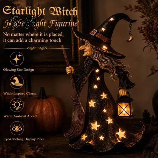 Halloween Party Supplies 2Pcs Witch Night Lamp, Holding Lantern Figurine with Collectible LED, Glowing Resin Statue for Tabletop Decor