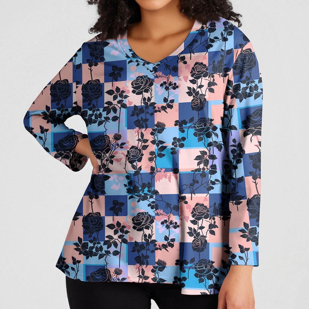 Modisches lässiges Langarm-Oberteil für Damen in Übergröße mit Blumenprint Übergröße Blumenprint-Oberteil