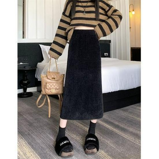 Women's Elastic Waist Imitation Mink Fur Plush A-Line Midi Skirt for Autumn and Winter