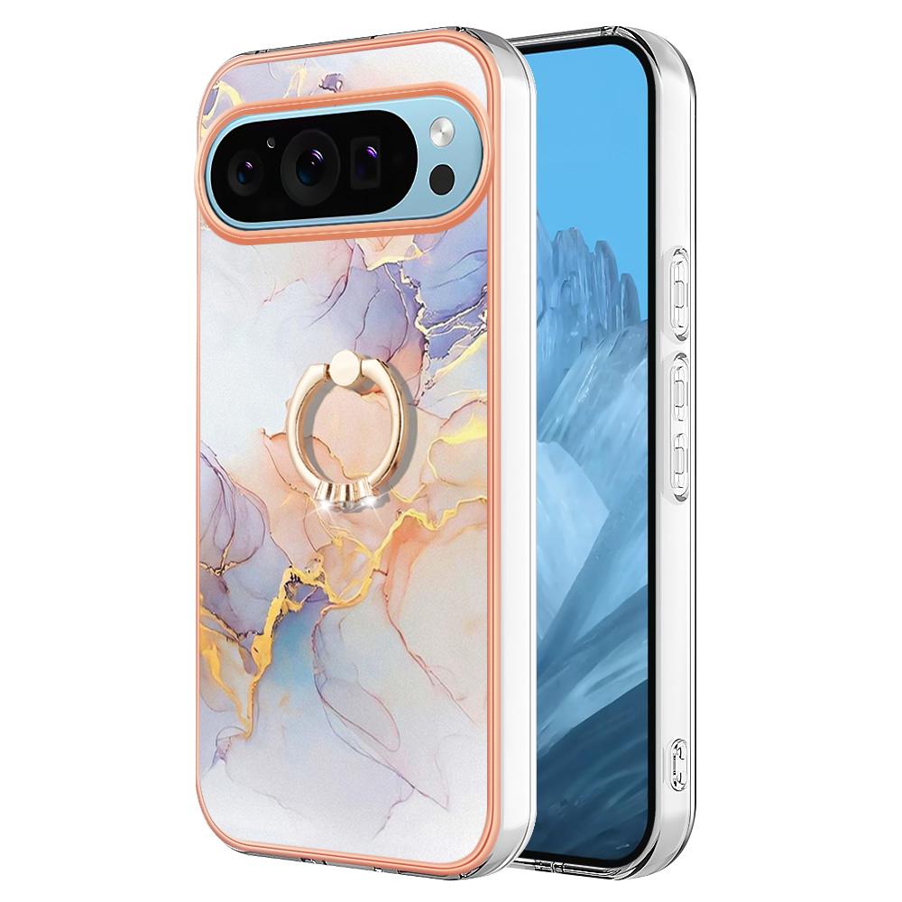 For Google Pixel 9/Pixel 9 Pro Case with Ring Kickstand IMD Marble Pattern TPU Back Cover