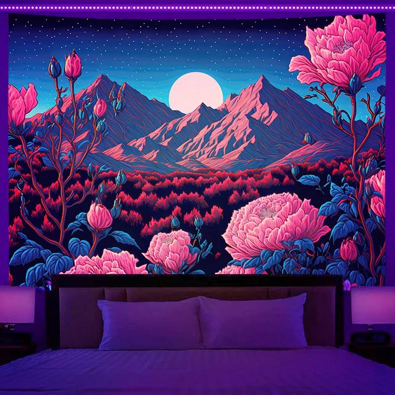 Fluorescent Tapestry Neon Mountain Landscape Hippie Wall Hanging Home Bedroom Room Party Decoration Background Cloth