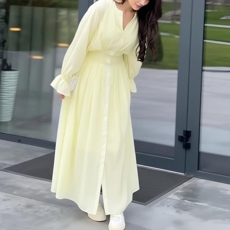 Women Elegant Solid Color High Waist Button Long Maxi Dress