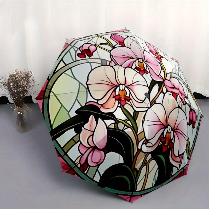 1pc Orchid StainedGlass Auto Open/close Leisure Umbrella, 8-Rib Sturdy Structure, Portable Travel Umbrella, Parties, Everyday Use, Outdoor A