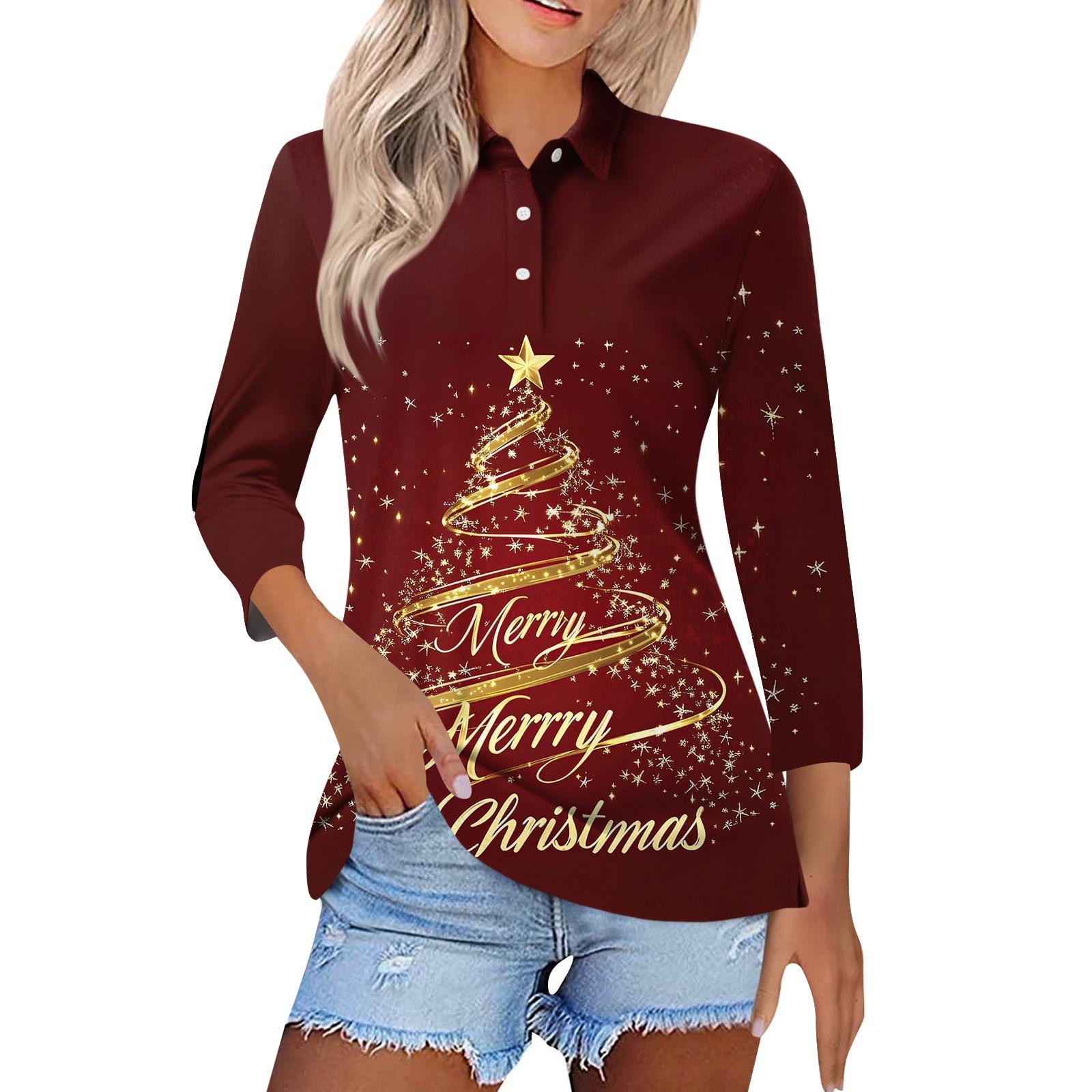 

Женская модная повседневная рубашка с коротким рукавом 4/5 и лацканами, с рождественским принтом, женские топы на пуговицах L золотой